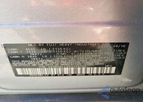 2016 Subaru Outback 2.5I Limited z USA, uszkodzony, nr VIN 4S4BSBLC4G3339708